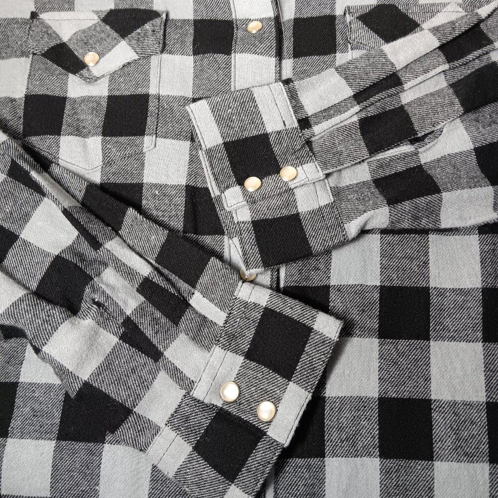 Wrangler Wrancher Shirt Women M Flannel Black Gray Plaid Pearl Snap New Western - Picture 11 of 14